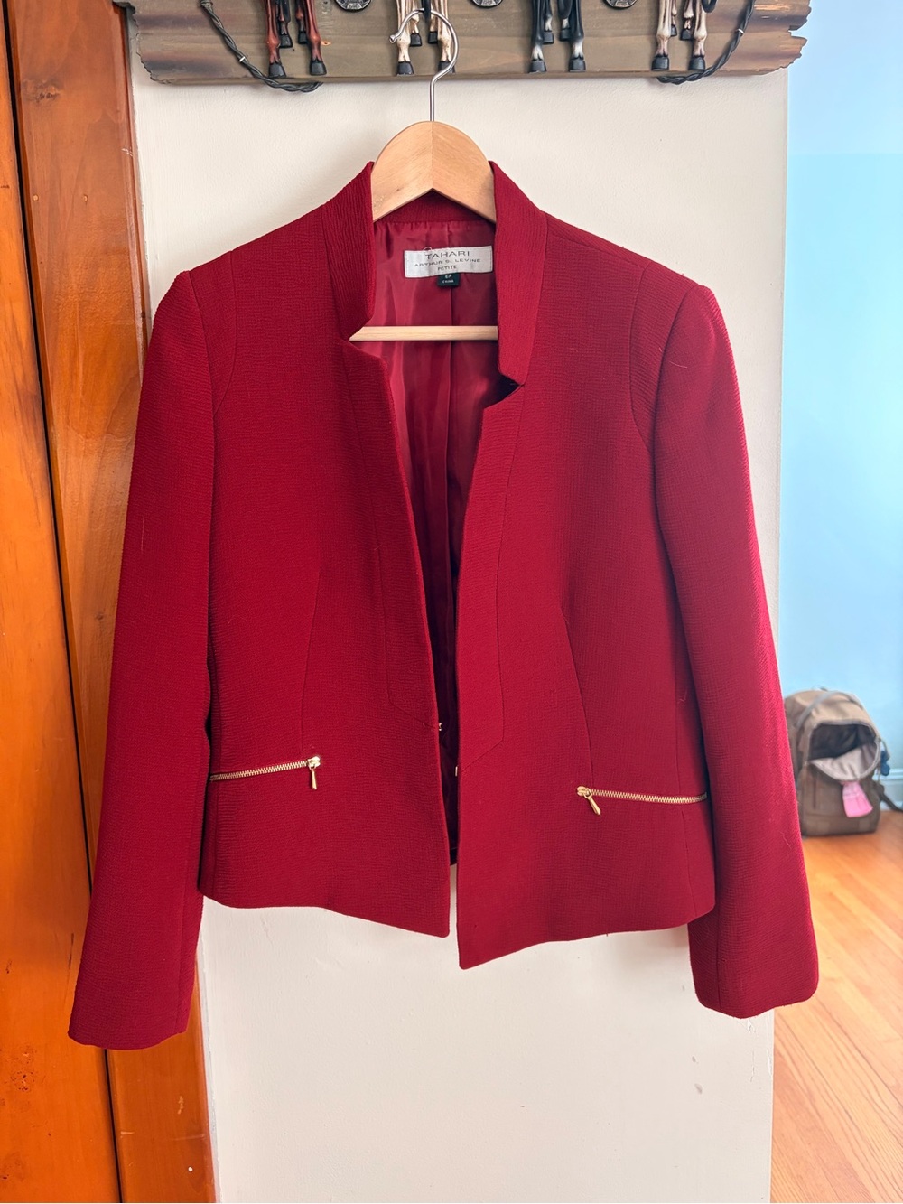 Calvin Klein Women's Burgundy Open-Front Blazer with Gold Zippers